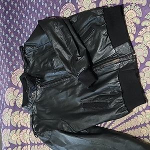 Vintage Black Leather Bomber Jacket